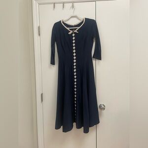 Vintage 1950s Navy Blue Dress with Ivory Insets